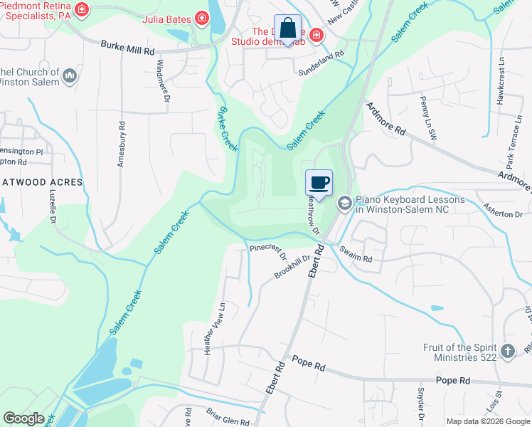 map of restaurants, bars, coffee shops, grocery stores, and more near 2504 Tantelon Place in Winston-Salem