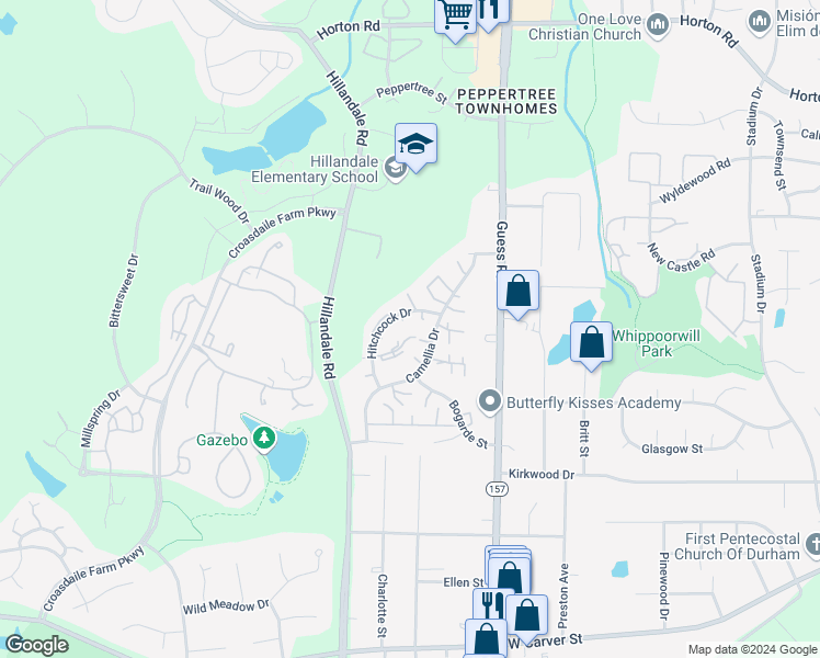 map of restaurants, bars, coffee shops, grocery stores, and more near 55 Fashion Place in Durham