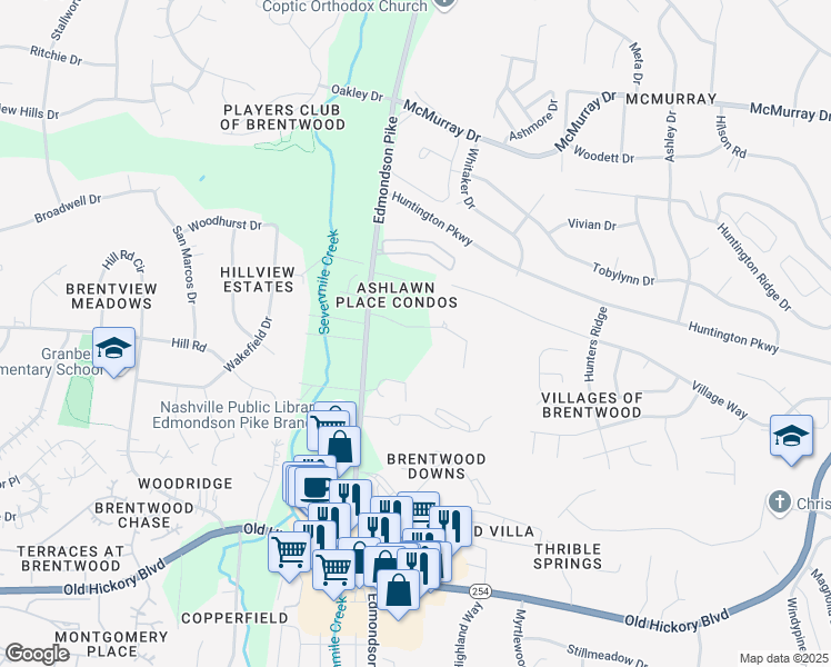 map of restaurants, bars, coffee shops, grocery stores, and more near 100 Brentwood Place in Nashville