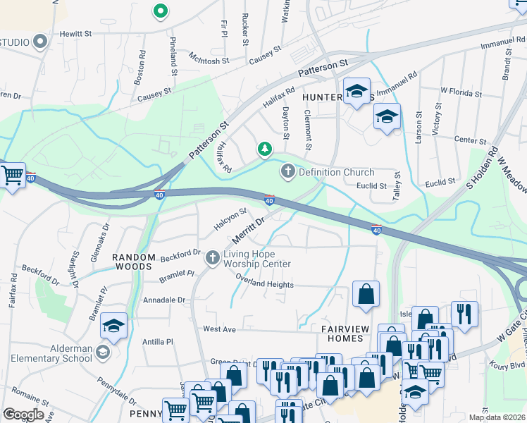 map of restaurants, bars, coffee shops, grocery stores, and more near 1836 Merritt Drive in Greensboro