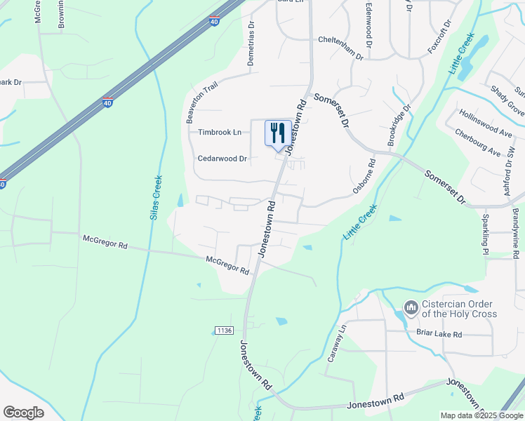 map of restaurants, bars, coffee shops, grocery stores, and more near 1398 Jonestown Road in Winston-Salem