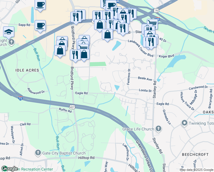 map of restaurants, bars, coffee shops, grocery stores, and more near 208 Madison Square Avenue in Greensboro