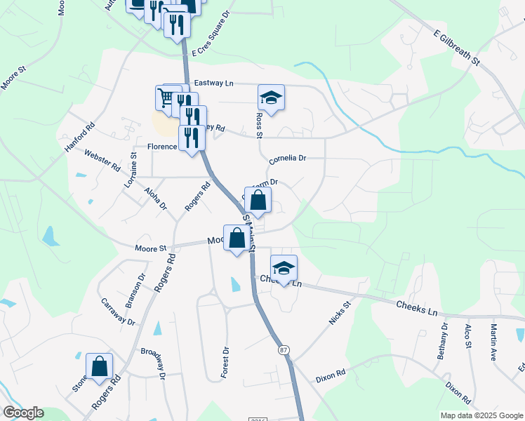 map of restaurants, bars, coffee shops, grocery stores, and more near 109 Southwood Court in Graham