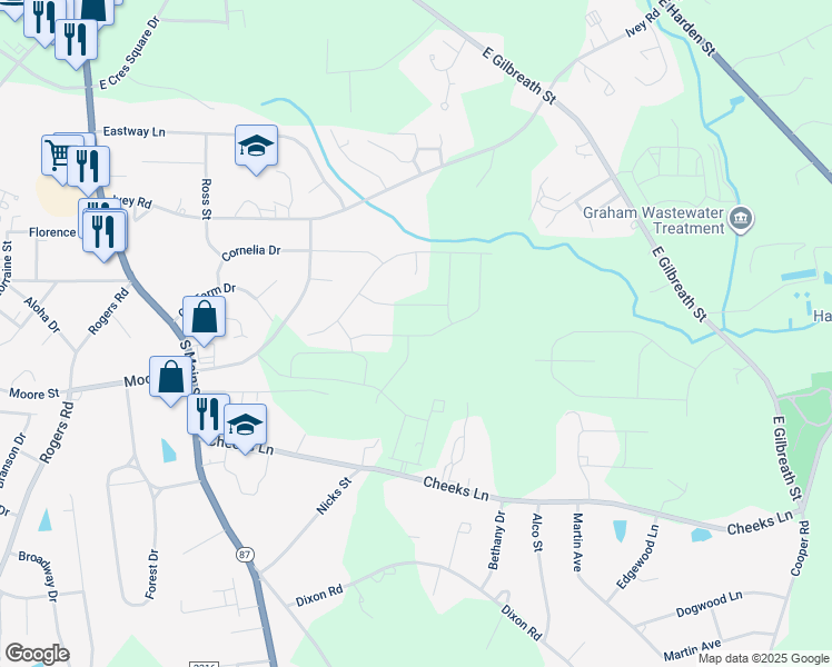 map of restaurants, bars, coffee shops, grocery stores, and more near 602 Winesap Drive in Graham