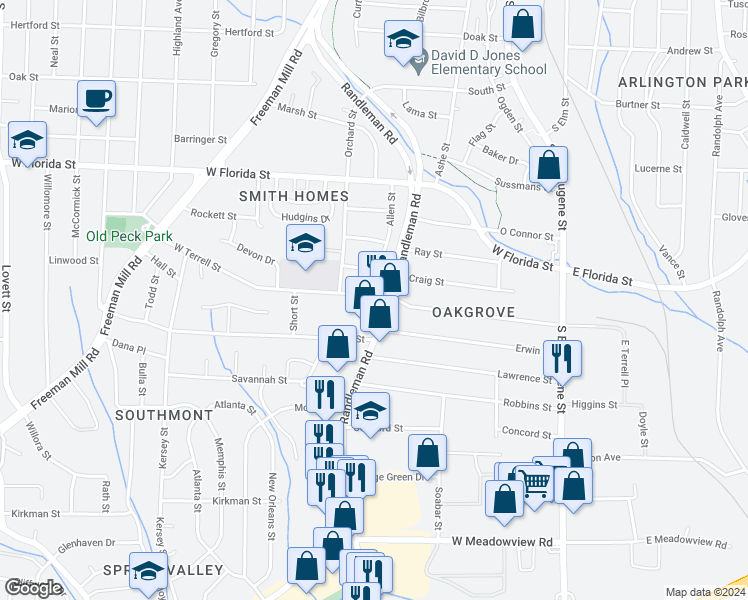 map of restaurants, bars, coffee shops, grocery stores, and more near 505 West Terrell Street in Greensboro