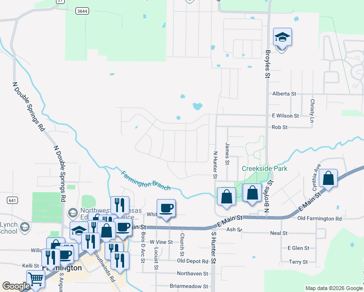 map of restaurants, bars, coffee shops, grocery stores, and more near 40 Watson Lane in Farmington