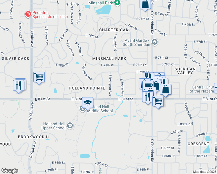 map of restaurants, bars, coffee shops, grocery stores, and more near 8009 South Irvington Avenue in Tulsa