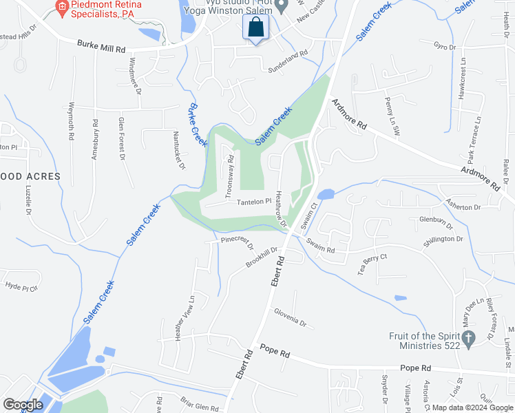 map of restaurants, bars, coffee shops, grocery stores, and more near 2434 Tantelon Place in Winston-Salem
