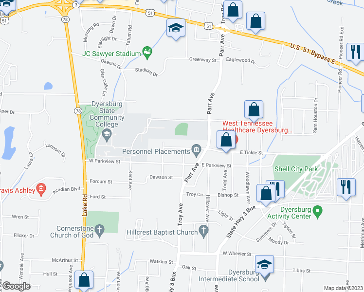 map of restaurants, bars, coffee shops, grocery stores, and more near 102 West Tickle Street in Dyersburg