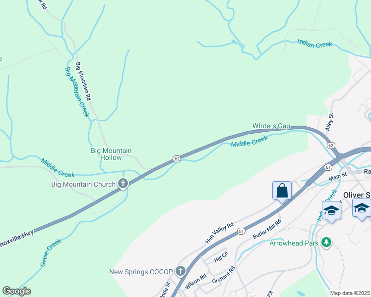 map of restaurants, bars, coffee shops, grocery stores, and more near 6953 Knoxville Highway in Oliver Springs
