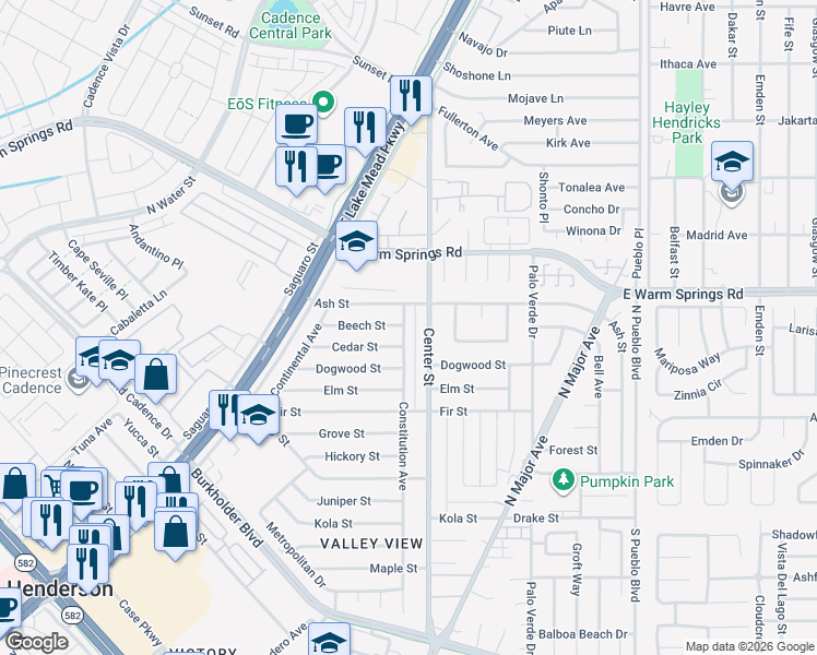 map of restaurants, bars, coffee shops, grocery stores, and more near 933 Center Street in Henderson