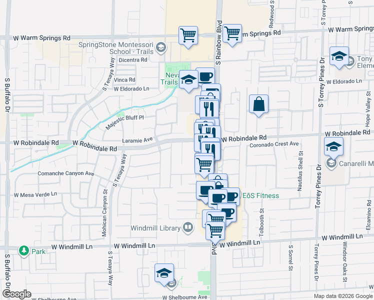 map of restaurants, bars, coffee shops, grocery stores, and more near 7711 Bear Ridge Street in Las Vegas