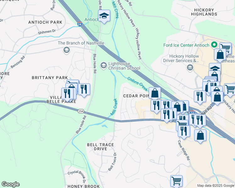 map of restaurants, bars, coffee shops, grocery stores, and more near 1211 Bell Road in Nashville