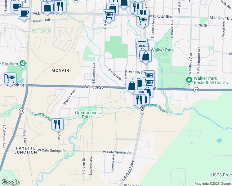 map of restaurants, bars, coffee shops, grocery stores, and more near 623-729 West 15th Street in Fayetteville