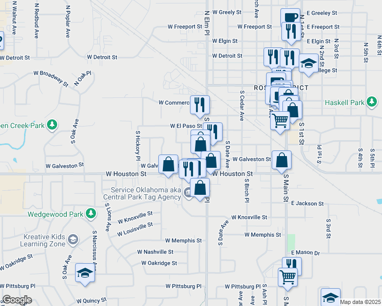 map of restaurants, bars, coffee shops, grocery stores, and more near 402 South Elm Court in Broken Arrow