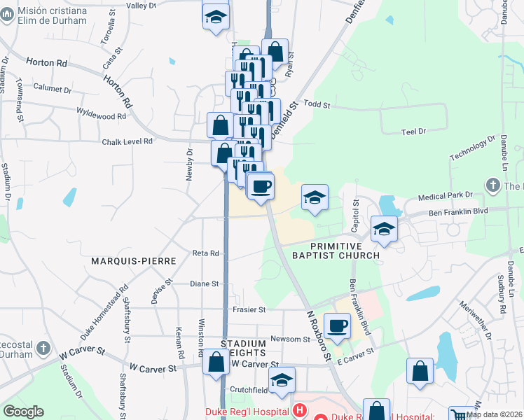 map of restaurants, bars, coffee shops, grocery stores, and more near 4201 North Roxboro Street in Durham
