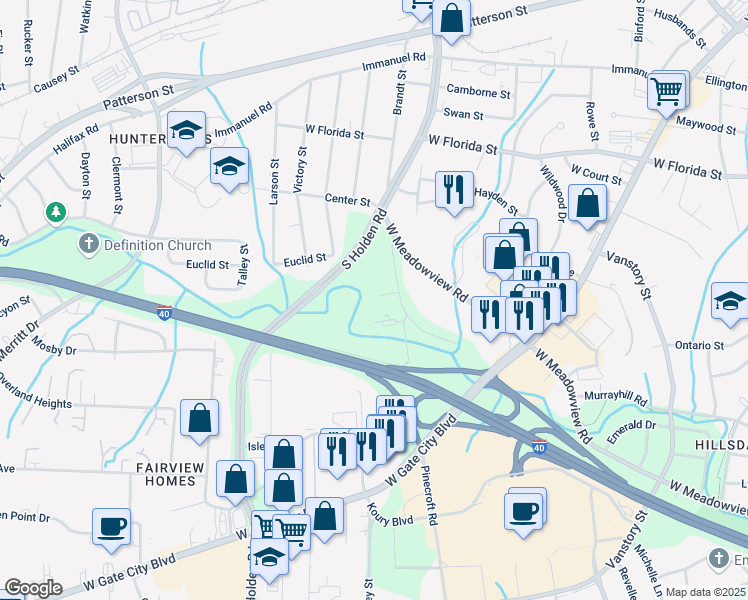 map of restaurants, bars, coffee shops, grocery stores, and more near 1600 Pinecroft Road in Greensboro