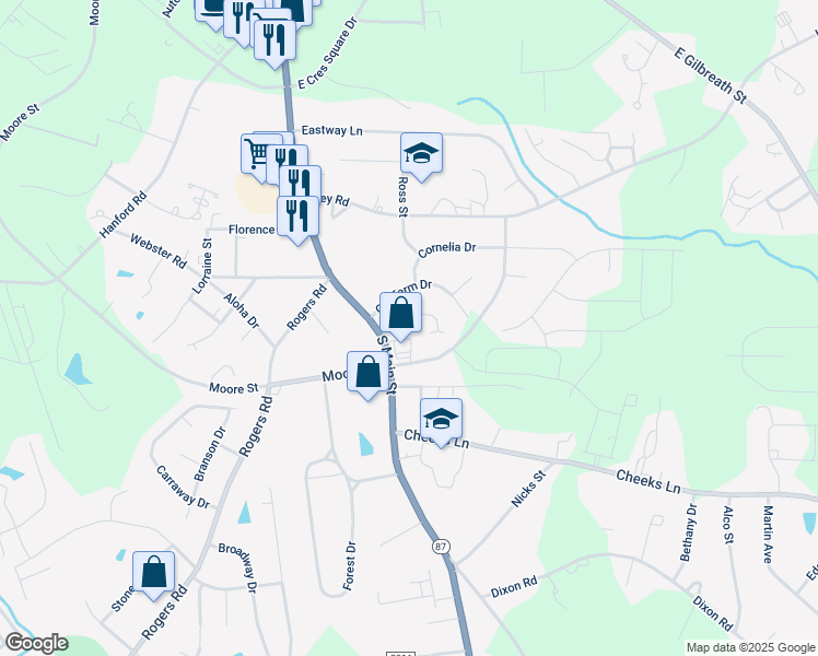 map of restaurants, bars, coffee shops, grocery stores, and more near 109 Southwood Court in Graham