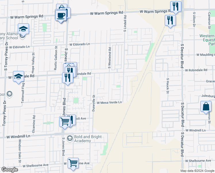 map of restaurants, bars, coffee shops, grocery stores, and more near 7789 South Westwind Road in Las Vegas
