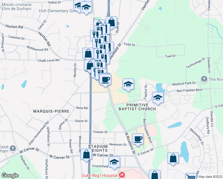 map of restaurants, bars, coffee shops, grocery stores, and more near 4206 North Roxboro Street in Durham