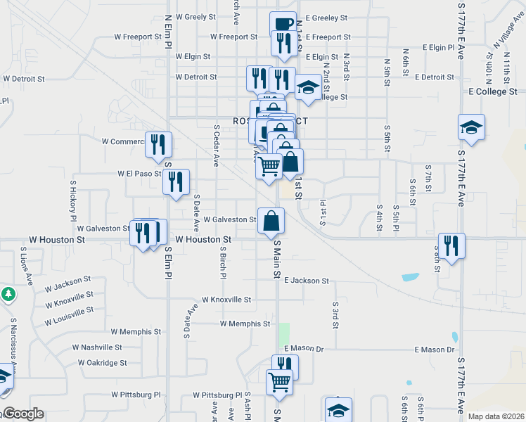 map of restaurants, bars, coffee shops, grocery stores, and more near 519 South Ash Avenue in Broken Arrow