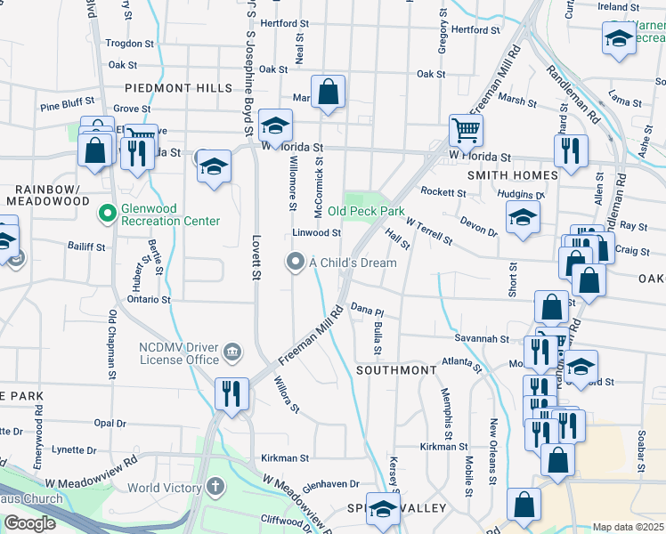 map of restaurants, bars, coffee shops, grocery stores, and more near 1718 Glenwood Avenue in Greensboro