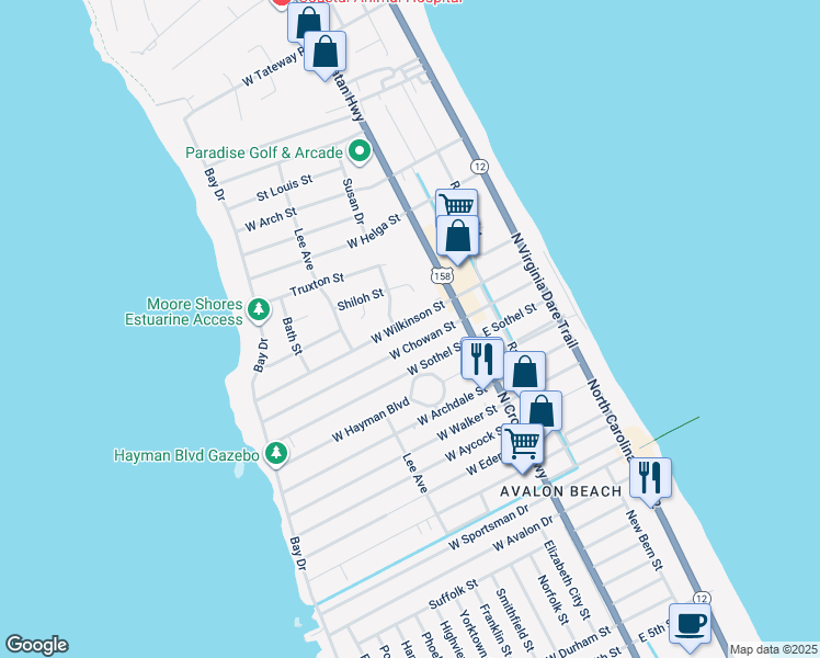 map of restaurants, bars, coffee shops, grocery stores, and more near 229 West Wilkinson Street in Kill Devil Hills