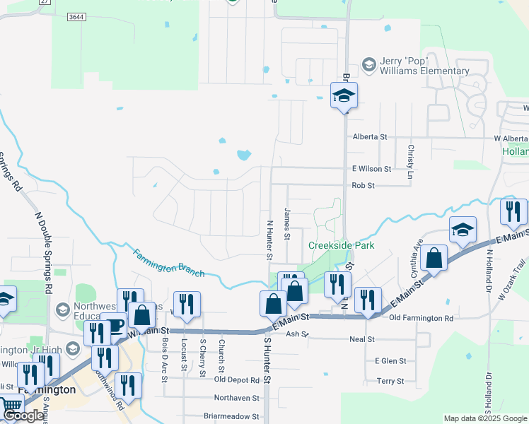 map of restaurants, bars, coffee shops, grocery stores, and more near 191 North Hunter Street in Farmington