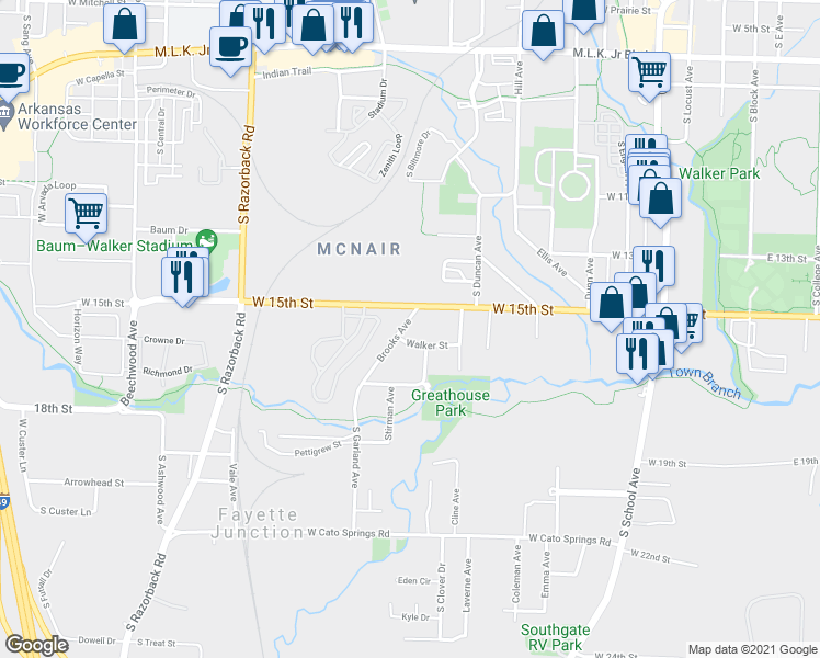 map of restaurants, bars, coffee shops, grocery stores, and more near 1538 Brooks Avenue in Fayetteville