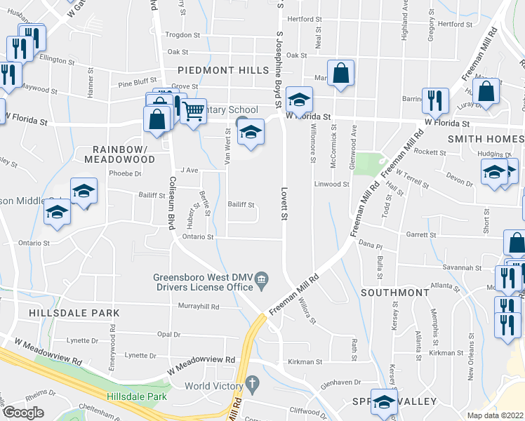 map of restaurants, bars, coffee shops, grocery stores, and more near 2209 Linda Lane in Greensboro