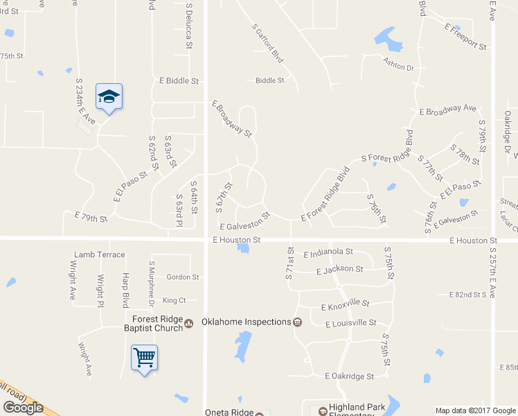 map of restaurants, bars, coffee shops, grocery stores, and more near 500 South Forest Ridge Boulevard in Broken Arrow