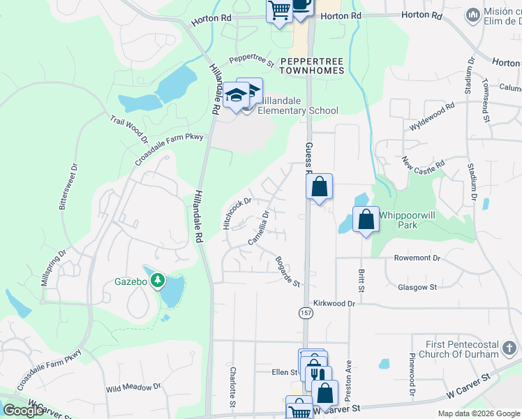 map of restaurants, bars, coffee shops, grocery stores, and more near 2652 Hitchcock Drive in Durham