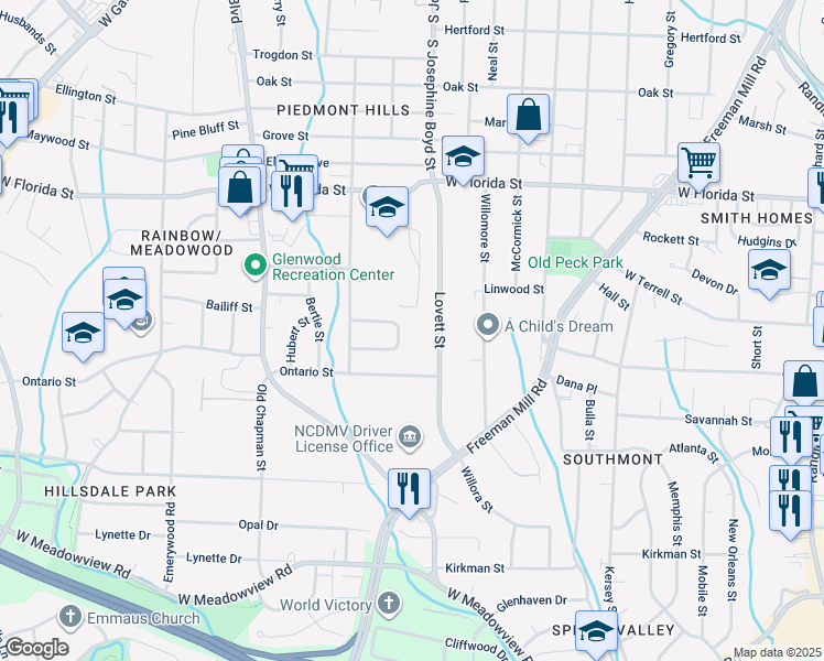 map of restaurants, bars, coffee shops, grocery stores, and more near 2209 Linda Lane in Greensboro