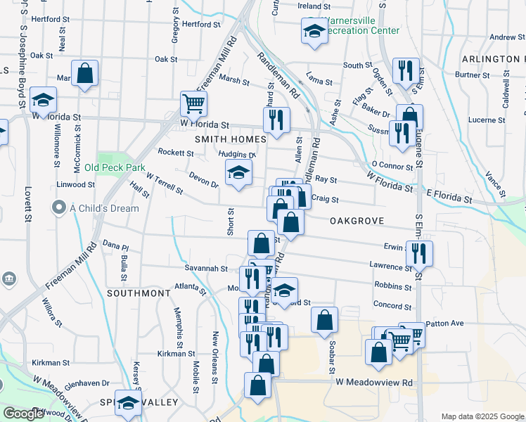 map of restaurants, bars, coffee shops, grocery stores, and more near 521 West Terrell Street in Greensboro