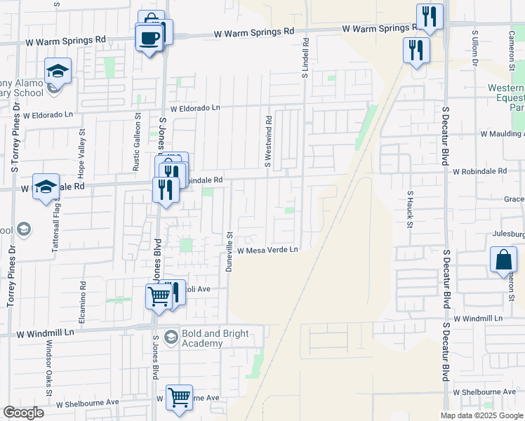 map of restaurants, bars, coffee shops, grocery stores, and more near 7789 South Westwind Road in Las Vegas