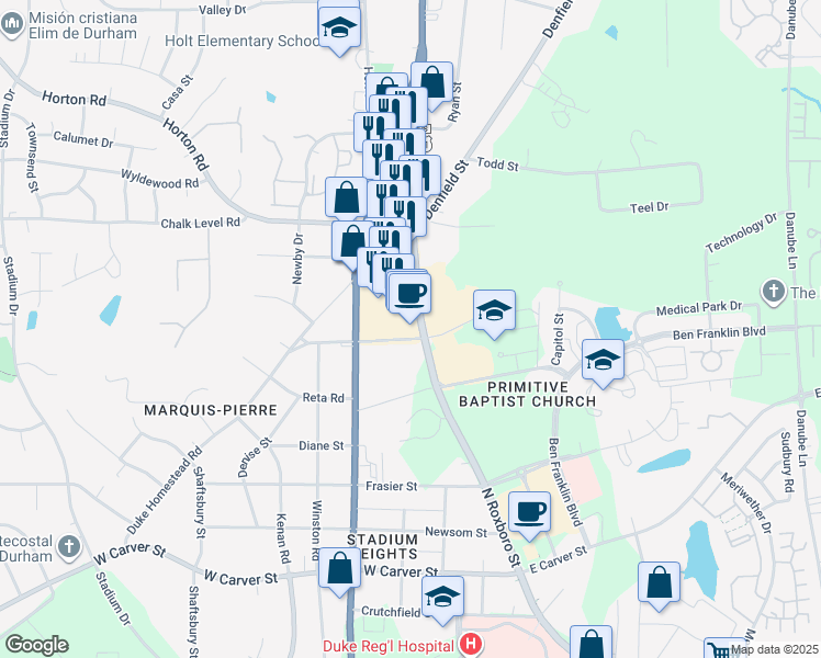 map of restaurants, bars, coffee shops, grocery stores, and more near 4201 North Roxboro Street in Durham