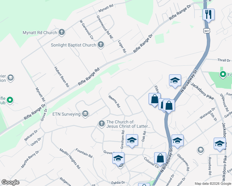 map of restaurants, bars, coffee shops, grocery stores, and more near 6029 Weems Road in Knoxville