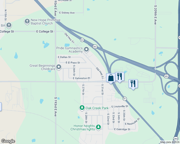 map of restaurants, bars, coffee shops, grocery stores, and more near 504 South 29th Street in Broken Arrow