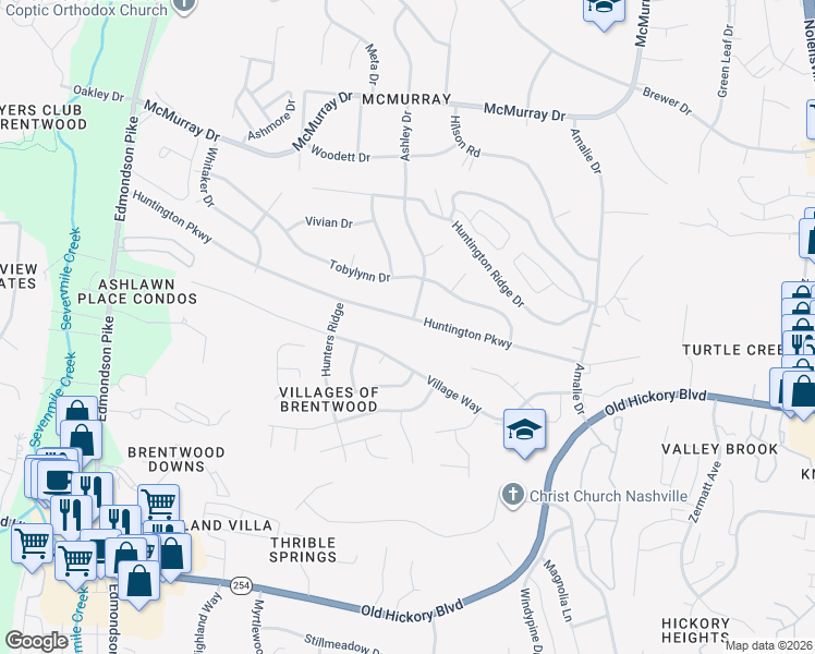 map of restaurants, bars, coffee shops, grocery stores, and more near 599 Huntington Parkway in Nashville