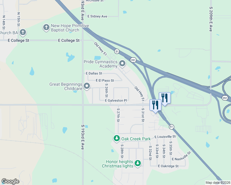 map of restaurants, bars, coffee shops, grocery stores, and more near 505 S 27th St in Broken Arrow