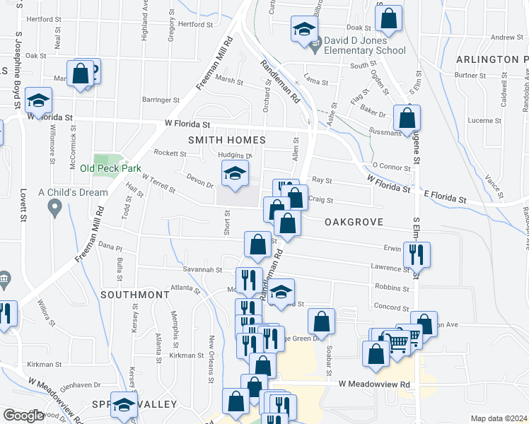 map of restaurants, bars, coffee shops, grocery stores, and more near 517 West Terrell Street in Greensboro