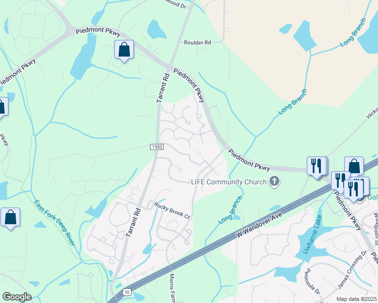 map of restaurants, bars, coffee shops, grocery stores, and more near 4461 Piedmont Trace Drive in Greensboro