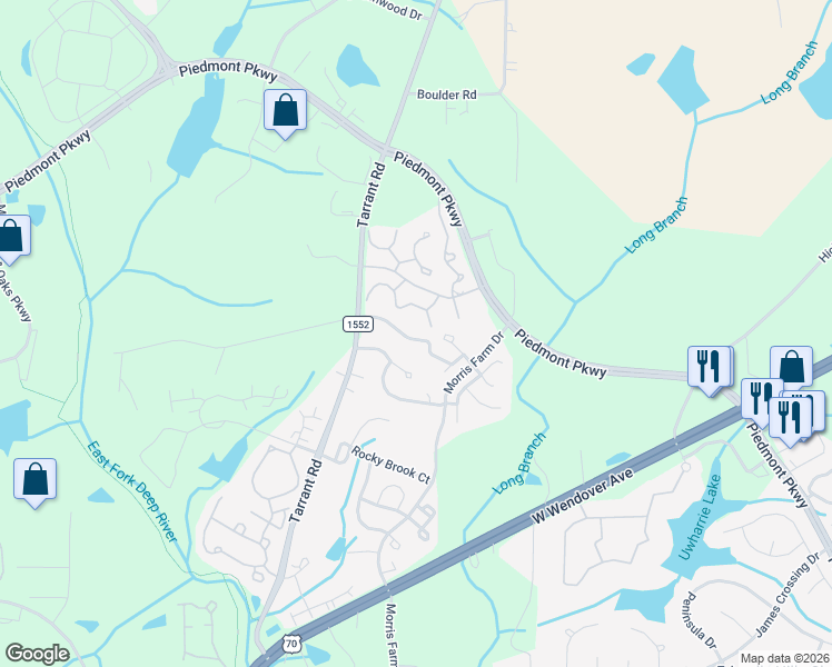 map of restaurants, bars, coffee shops, grocery stores, and more near 4451 Piedmont Trace Drive in Greensboro