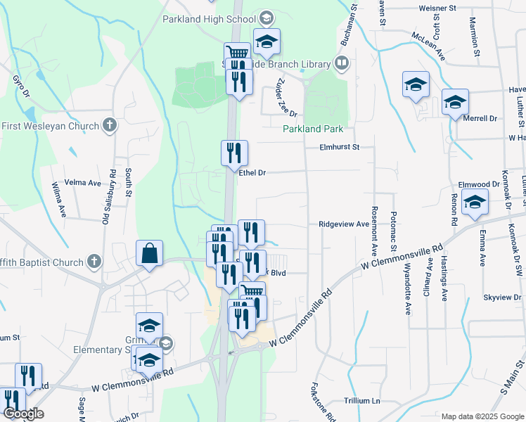 map of restaurants, bars, coffee shops, grocery stores, and more near 3525 Scottsdale Lane in Winston-Salem