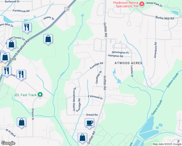map of restaurants, bars, coffee shops, grocery stores, and more near 435 Everidge Road in Winston-Salem