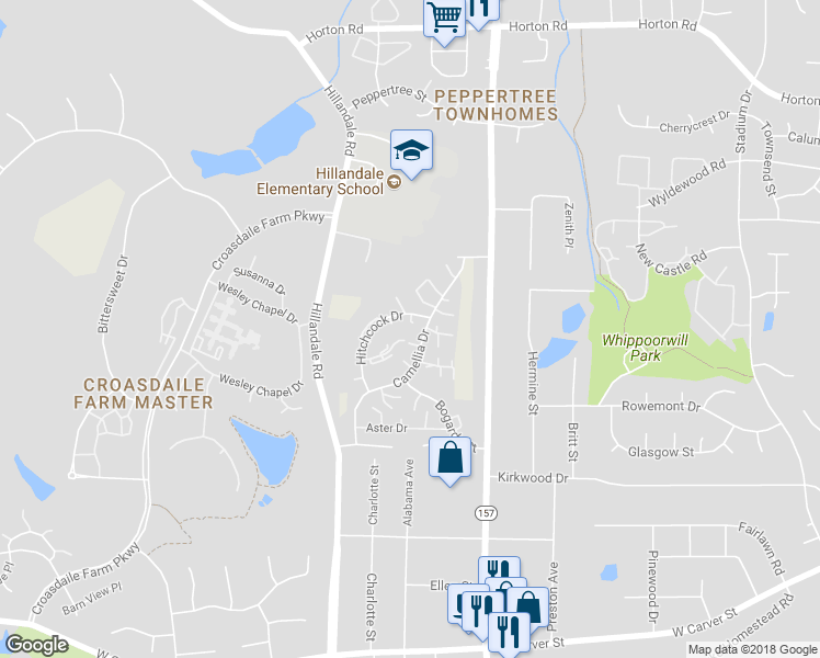 map of restaurants, bars, coffee shops, grocery stores, and more near 2666 Hitchcock Drive in Durham
