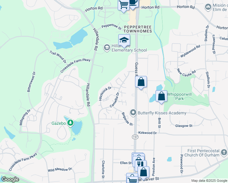 map of restaurants, bars, coffee shops, grocery stores, and more near 2666 Hitchcock Drive in Durham