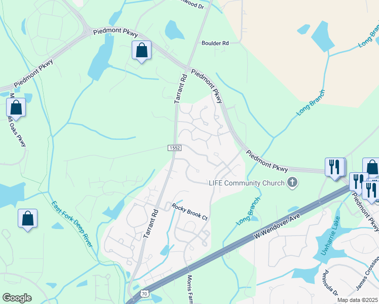 map of restaurants, bars, coffee shops, grocery stores, and more near 4428 Piedmont Trace Drive in Greensboro