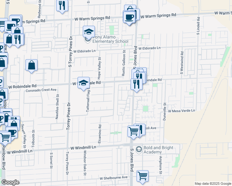 map of restaurants, bars, coffee shops, grocery stores, and more near 7760 South Coronado Island Street in Las Vegas