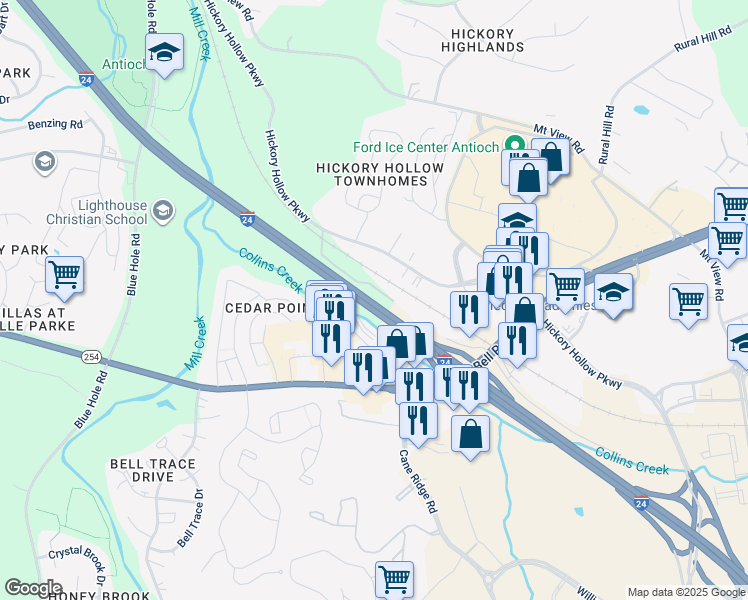 map of restaurants, bars, coffee shops, grocery stores, and more near 5200 Hickory Hollow Parkway in Nashville